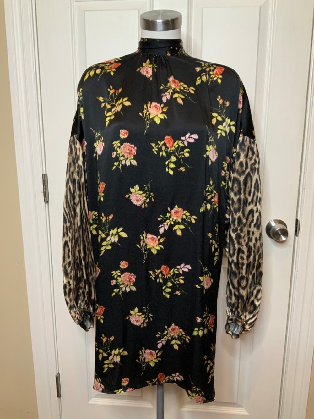R13 Black Floral Silk Neck Tie Shirt Dress W/ Leopard Print Sleeves, Size S